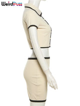 Weird Puss Ribbed Women 2 Piece Set Polo Neck Button Shorts Crop Tops+Mini Skirts Matching Stretch Elegant Streetwear Outfits