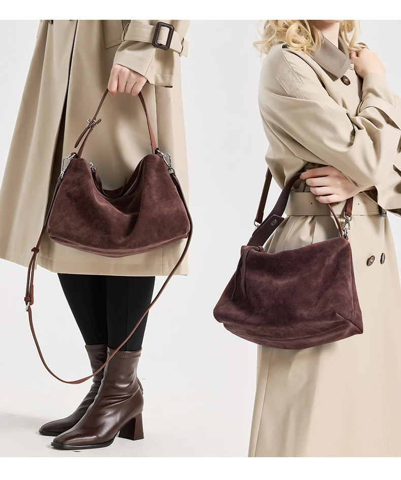 Russian Women's Genuine Suede Cowhide Leather Shoulder Bag Retro Frosted Cow Large Capacity Versatile Commuting Luxury Designer
