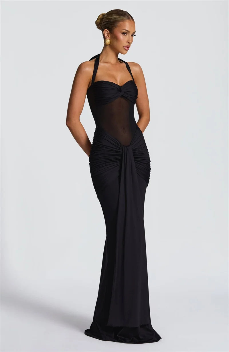 Women’s Halter Backless Maxi Dress – Off-Shoulder Ruched Bodycon Club Party Gown
