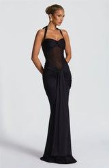 Women’s Halter Backless Maxi Dress – Off-Shoulder Ruched Bodycon Club Party Gown