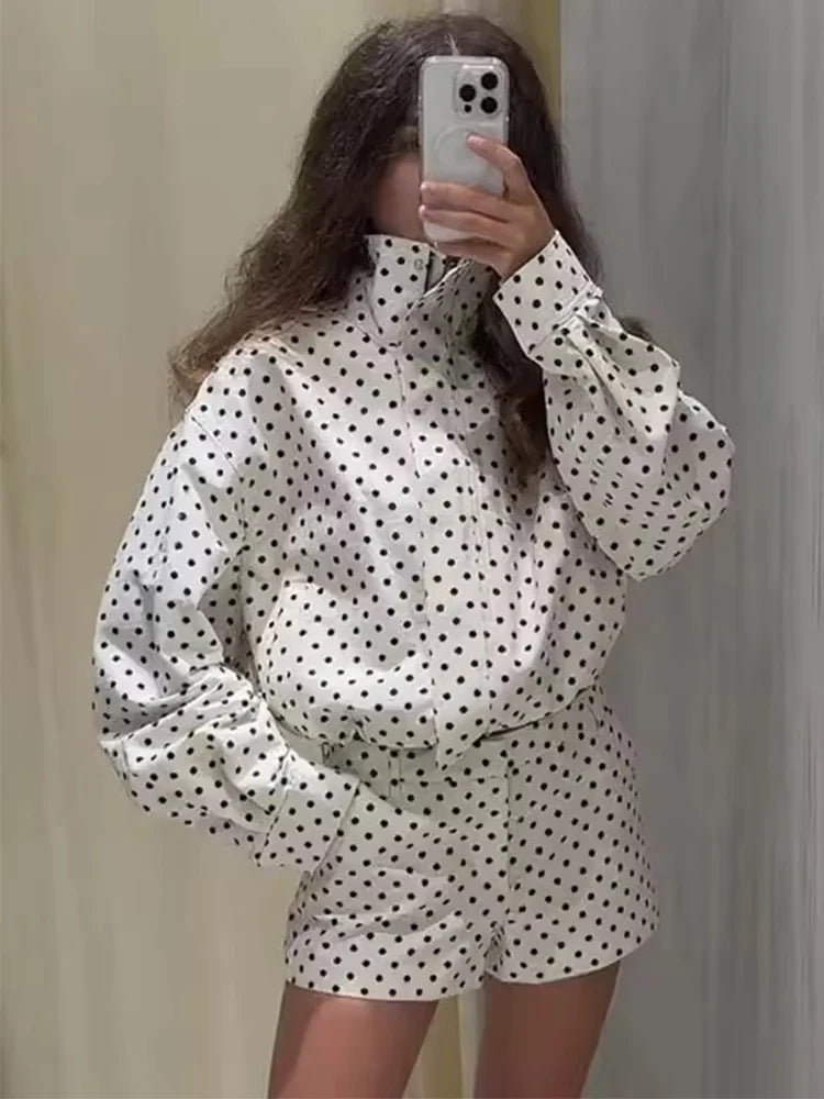 Fashion Polka Dot Shorts Sets For Women 2026 Spring Drawstring Bomber Jacket High Waist Shorts 2 Pieces Set Woman Outfits