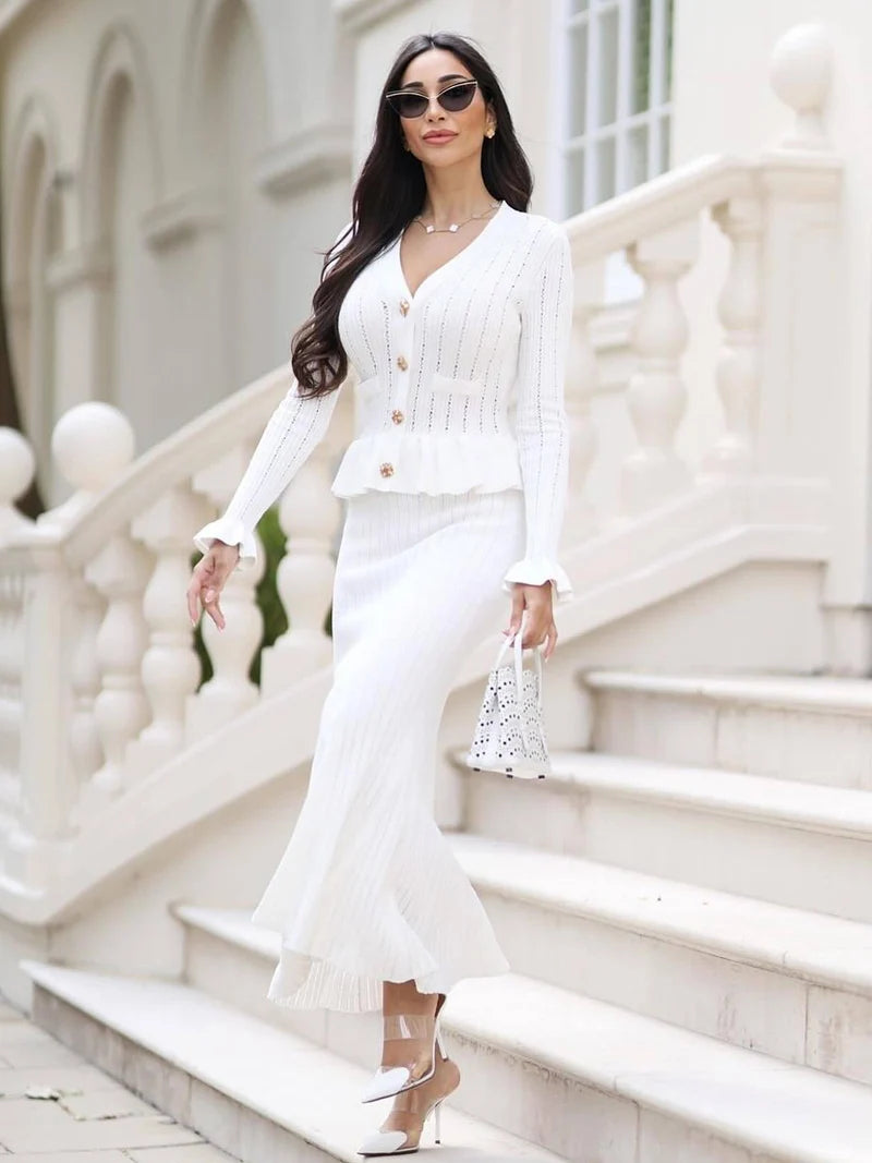 Elegant V-Neck Knit Mermaid Skirt Set