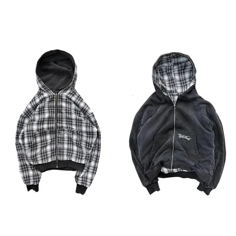 Reversible Plaid Zip-Up Hoodie with Relaxed Fit