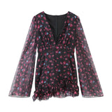 Women Red Floral Printed Mini Dress V-neck Short Sleeved Puff Sleeve Waist Trim Ruffle Slit Hem Dresses 2026 Summer Party Gown