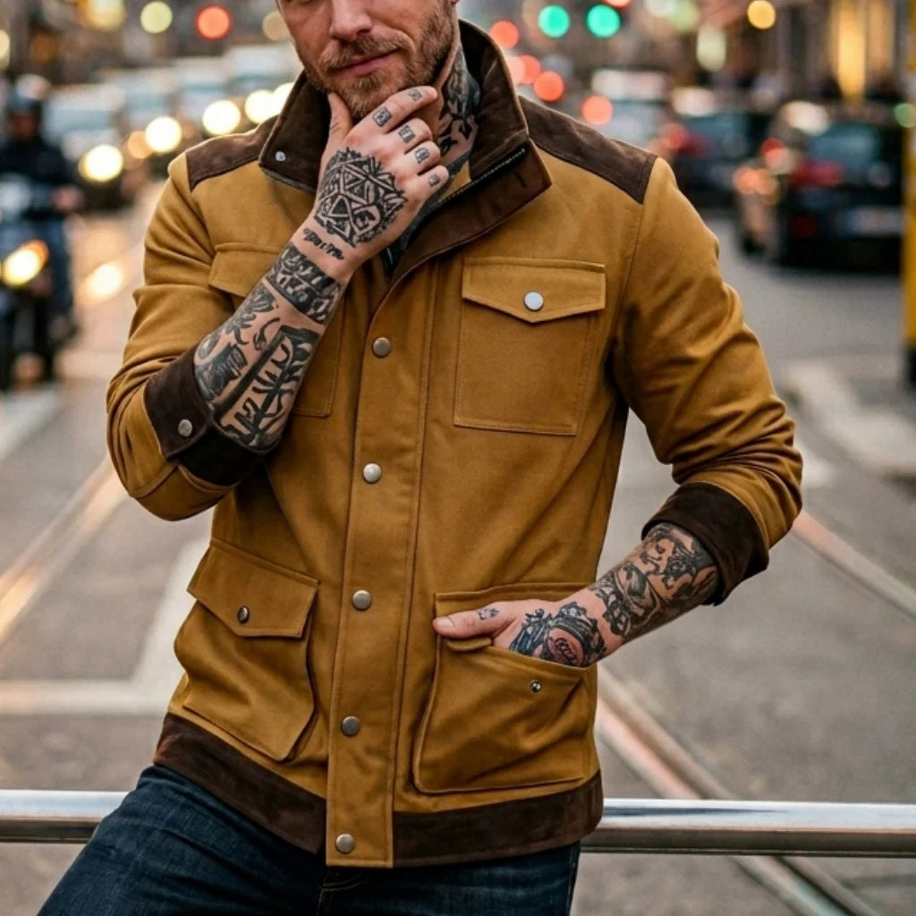 New Denim Men's Jacket Multi-pocket Fake Two Coats Denim Contrast Jacket Suede Matching Design Men's Streetwear Men's Denim Top