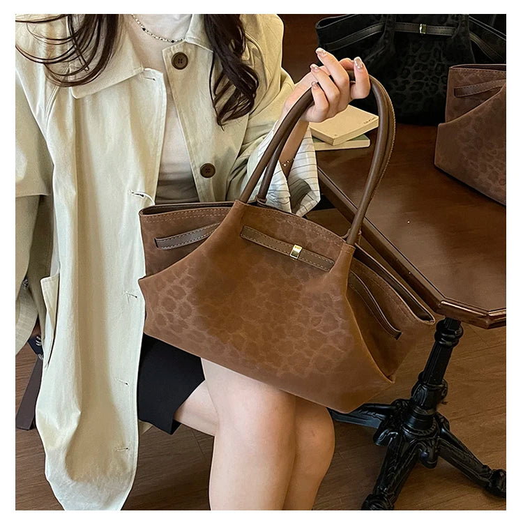 2025 Leopard Print Suede Women Tote Bag with Inner Pocket Underarm Bag Large Capacity Satchel Bag for Work Travel Purses Handbag