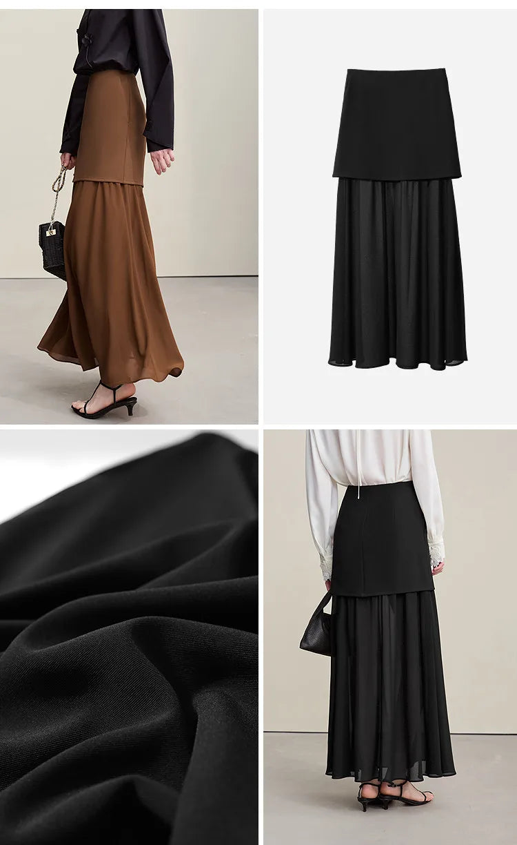 Amii Women's Skirt 2026 Autumn New Elegant Patchwork Chiffon Long Skirt Solid Color Straight Versatile Woman Clothes 12641047