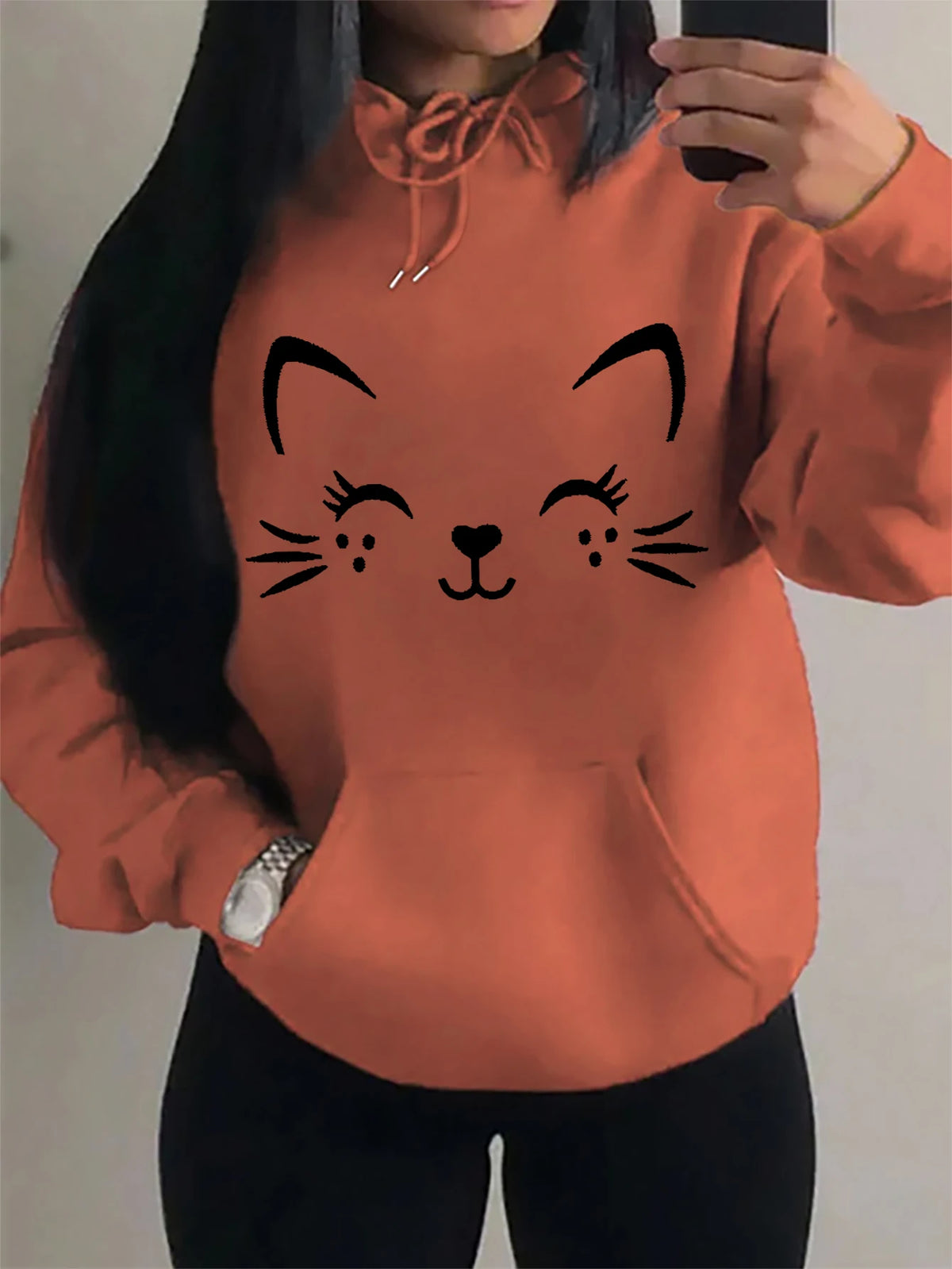 Women's Playful Cat Graphic Fleece Hoodie