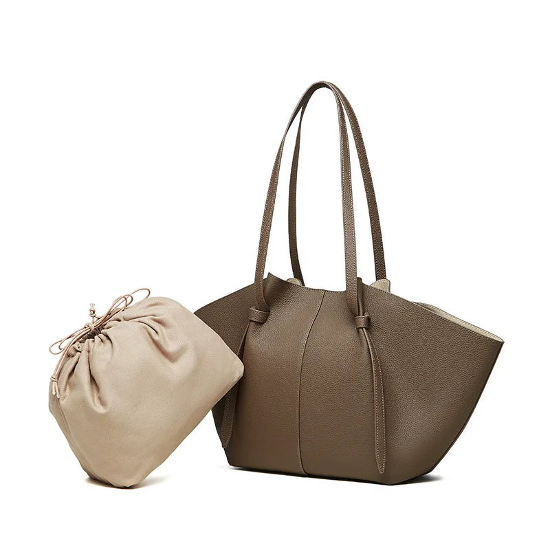 New Women's Large Capacity Cowhide Tote Fashionable Bat Wing Design Genuine Leather Handbag for Commuting Versatile Ladies Bag