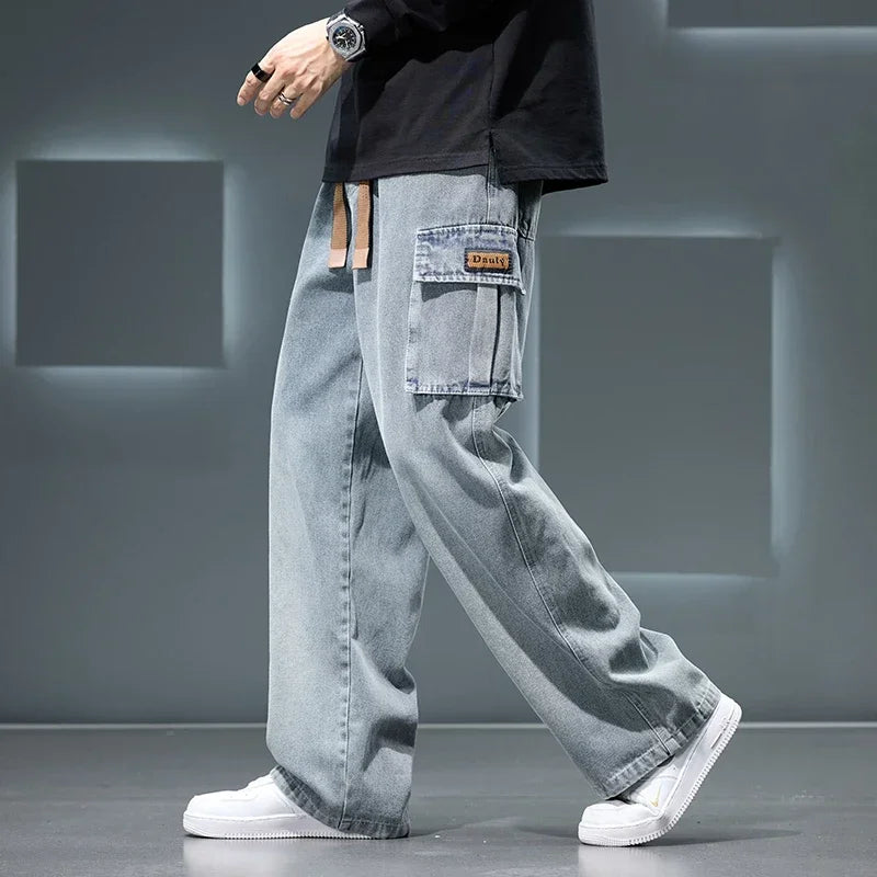 8XL Jeans New Wide Leg Washing Pants Men Trousers Neutral Solid Color Loose Casual Korean Fashion Pocket Plus Size Cargo Pant