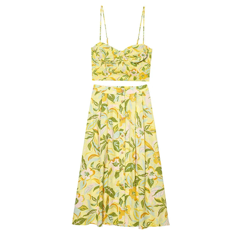 TFMLN Women Floral Print Skirt Two Piece Set Sexy Crop Sling Camisole Casual Beach Holiday Style A-line Skirts Sets Female New