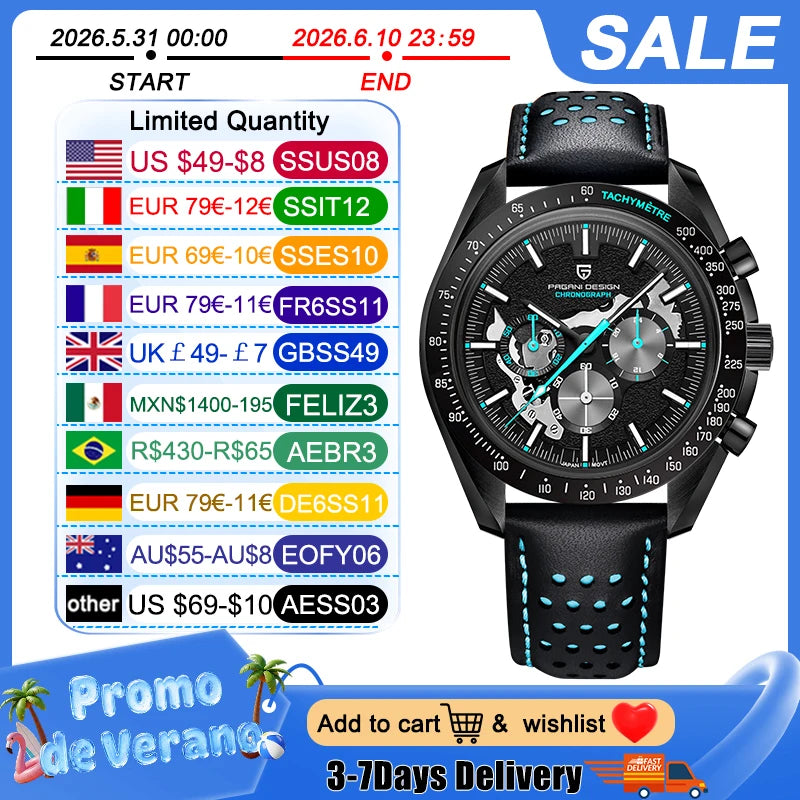 PAGANI DESIGN Moon Watch for Man Fashion Quartz Watch Waterproof Skeleton Sport Chronograph AR Sapphire Glass 1779 Reloj hombre