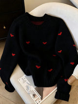 Women's Heart Print Round Neck Sweater