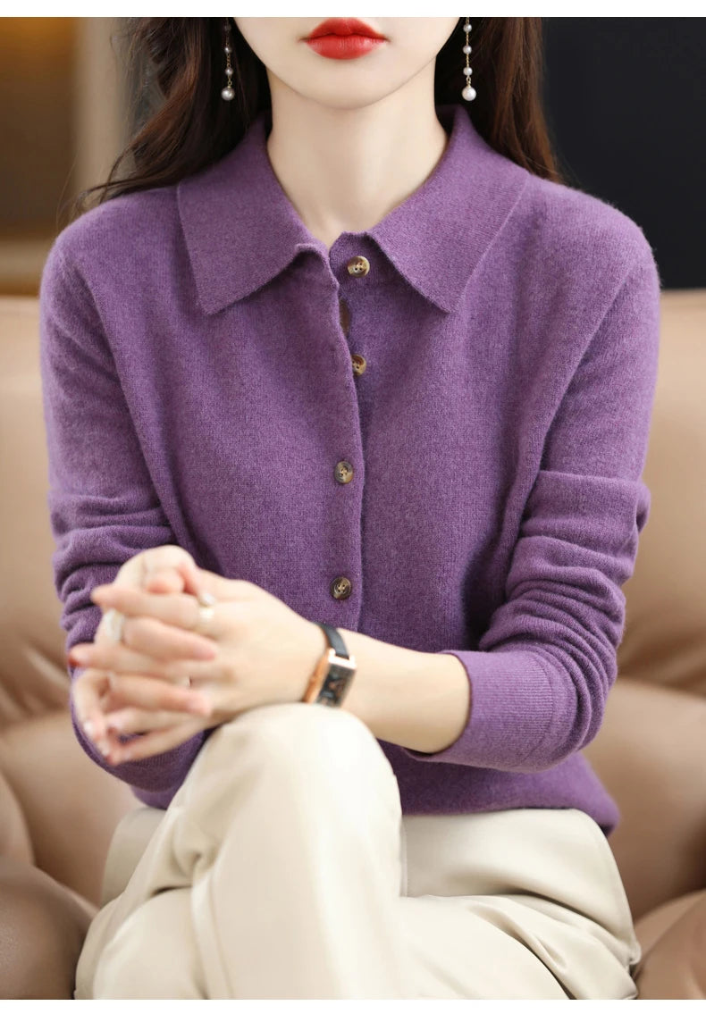 Polo Collar Spun Wool Cardigan – Elegant Single-Breasted Knit Jacket