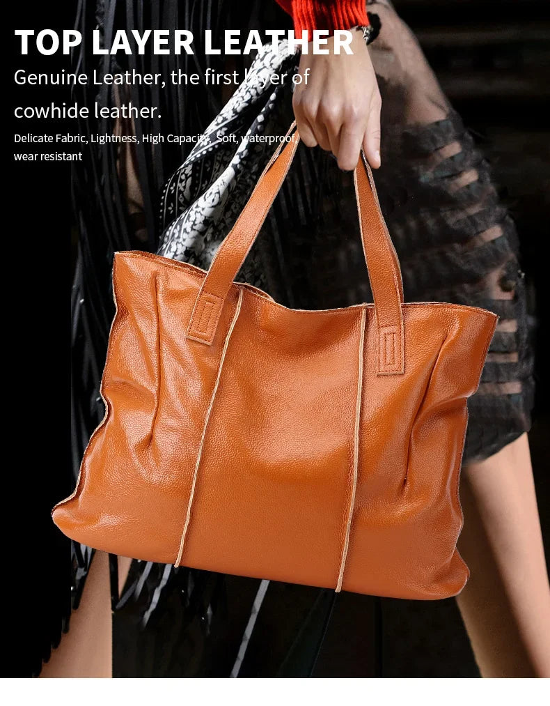 Women's Large Capacity Cowhide Handbag Female Retro Fashion Luxury Bags Ladies Real Natural Cow Leather Shoulder Bag for Lady