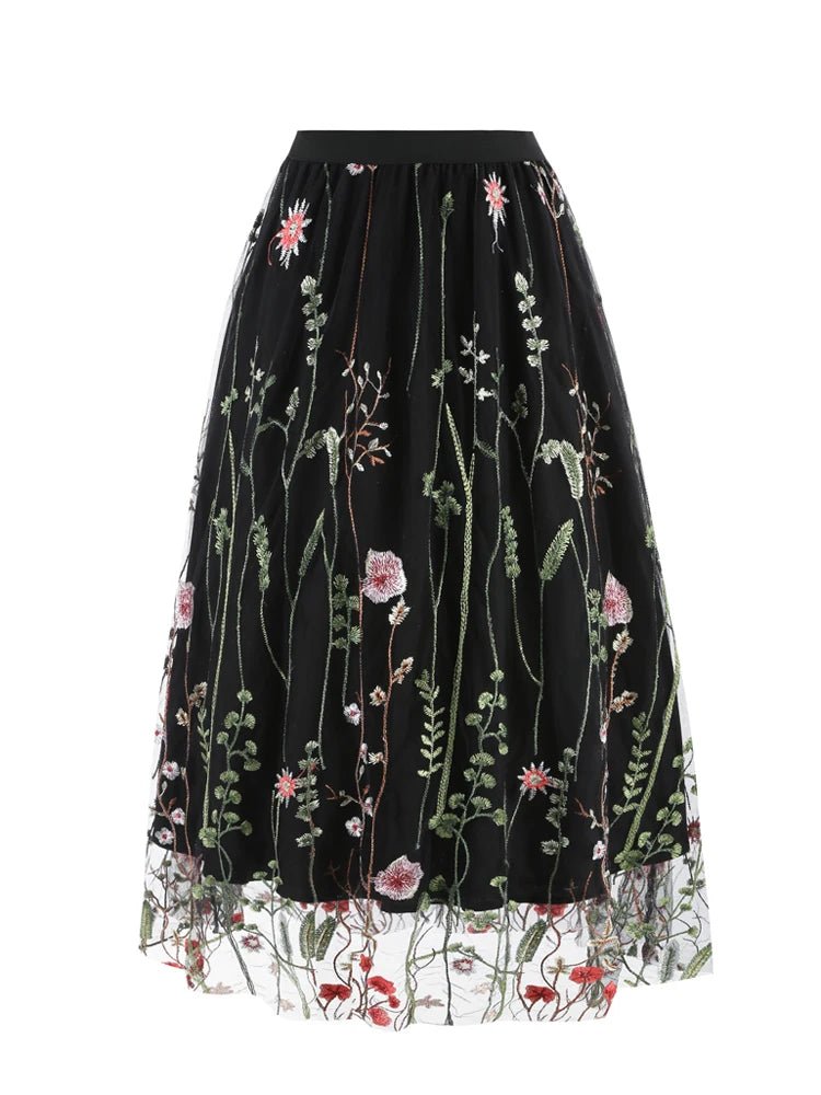 Tonval Floral Embroidered Mesh Midi Skirt – Elegant & Vintage