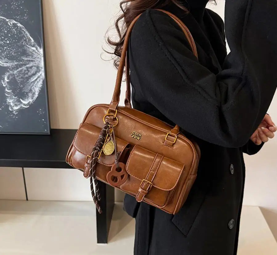 Women’s Coffee Brown Multi-Pocket Shoulder Bag | Vintage PU Leather Crossbody