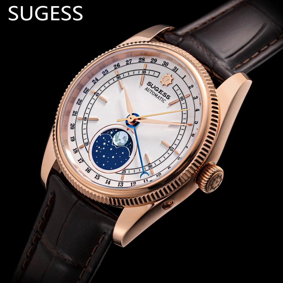 Sugess 40mm Watch of Men Moonphase Automatic ST2108 Movement Sapphire Crystal Mechanical Wristwatches Waterproof Date S452