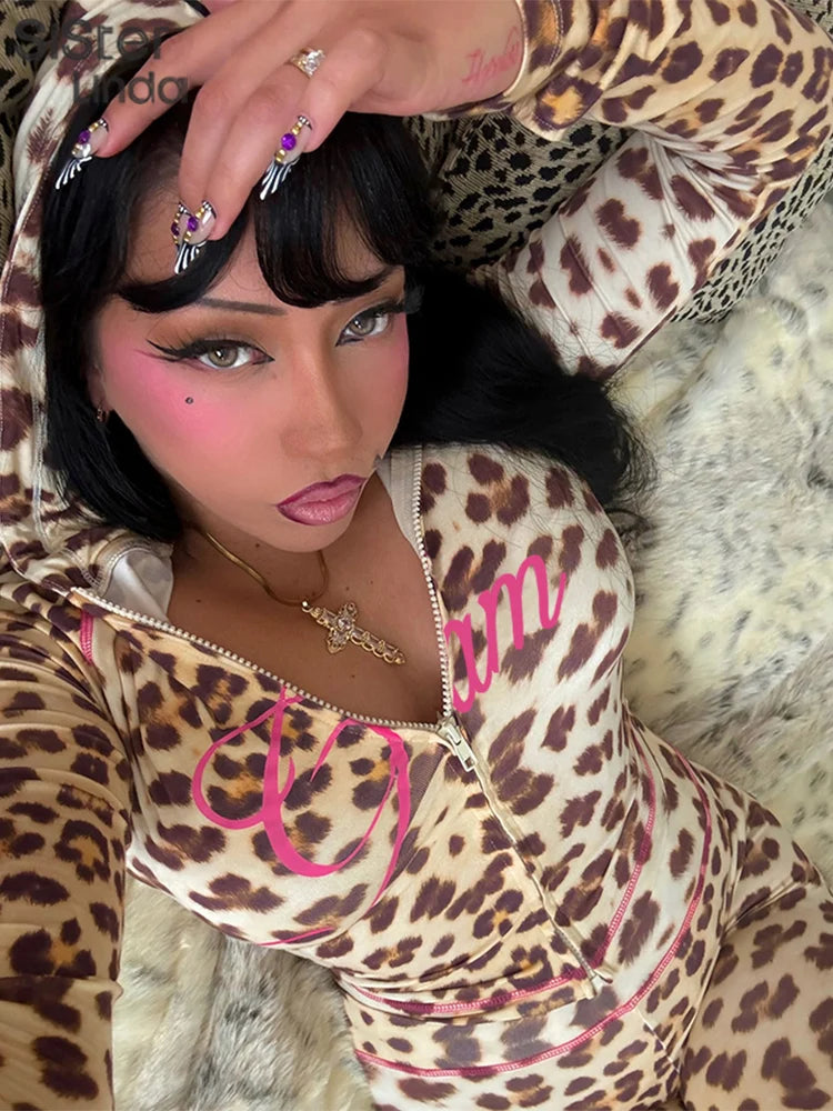 Sisterlinda Summer Release Junior Ankle-Length High Street Milk Fiber Pant Suit K24S50103 Girl Leopard Color Flare Pant Suit