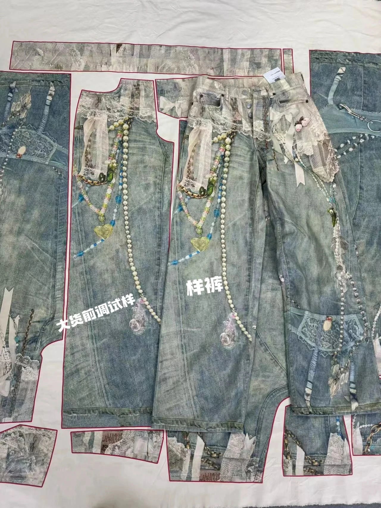 3D Pearl Chain Trompe L'Oeil Straight-Leg Jeans
