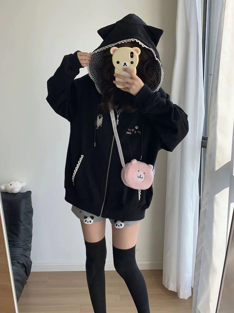 Women's Cute Cat Print Relaxed Zip-Up Hoodie