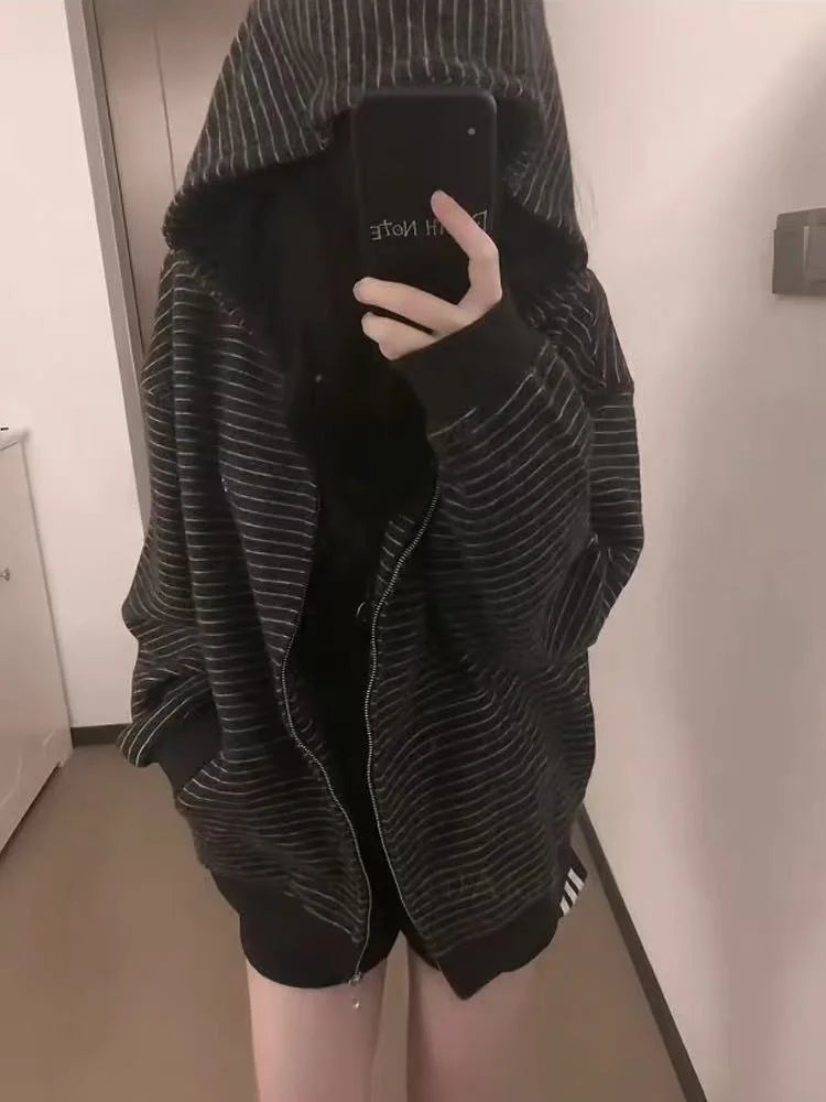 2000S American Vintage Striped Loose Long Sleeve Hooded Sweatshirt Y2k Subculture Casual Zip Up Hooded Cardigan Harajuku Coats
