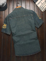 Men's Dark Denim Blue Vintage Ripped Short Sleeve Denim Shirt, Casual Lapel Denim Top With Pockets For Summer