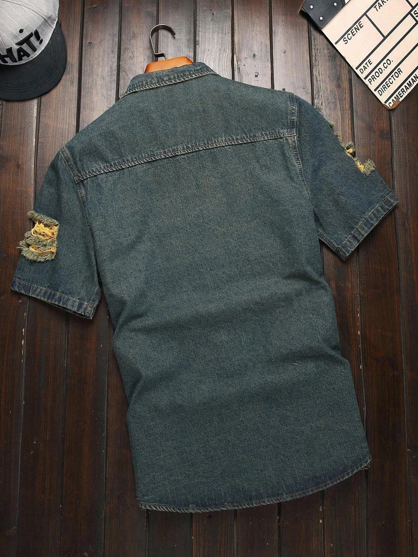 Men's Dark Denim Blue Vintage Ripped Short Sleeve Denim Shirt, Casual Lapel Denim Top With Pockets For Summer