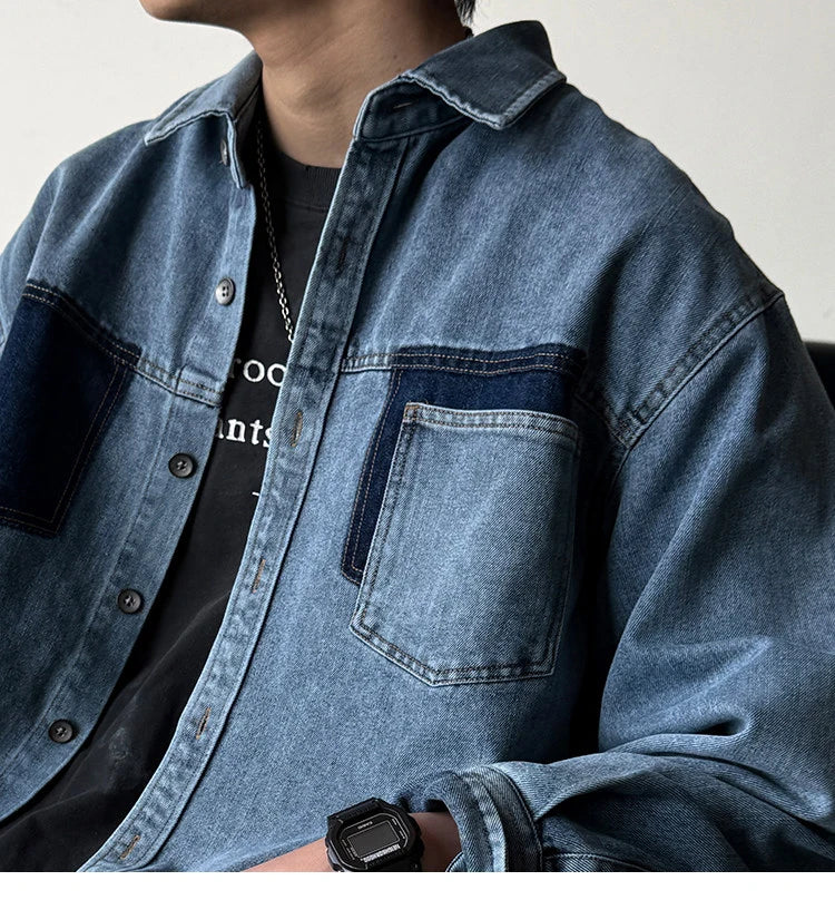 Mens High Quality Custom Weave Slub Deconstructed Patchwork Denim Shirt Trendy Distressed Wash Streetwear Casual Long Sleeve