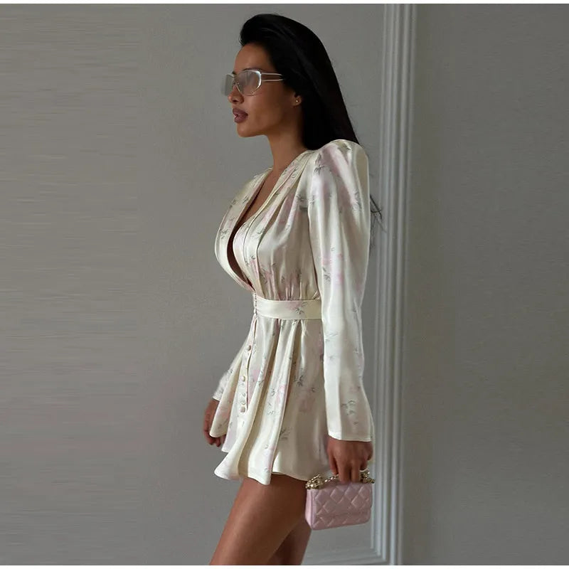 Print Women Dress Deep V Mini Dress Puff Sleeve High Waist Dress Two Piece Outfit With Waistband Elegant Slim Fit Outfit
