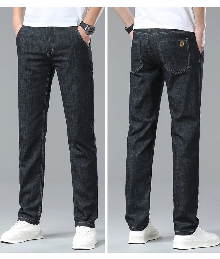 Light Blue Classic Business Casual Cotton Pants Fashion Breathable Denim Elastic Trousers Brand Men's Clothing Straight Jeans