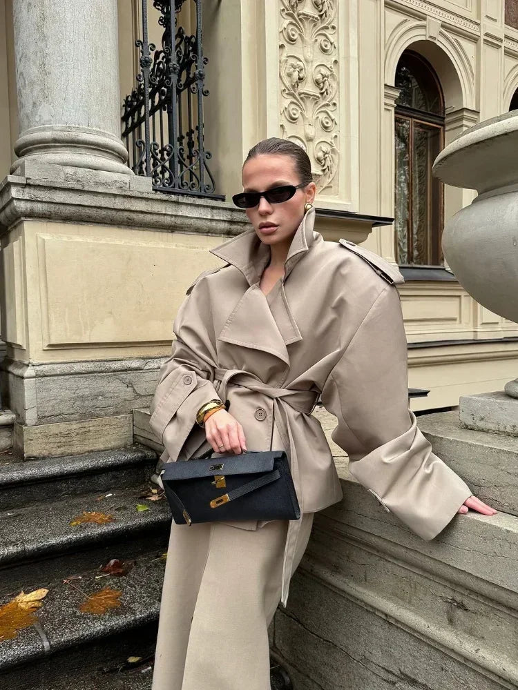 Solid Lapel Double-Breasted Trench Coat – Autumn 2025 High Waist Windbreaker
