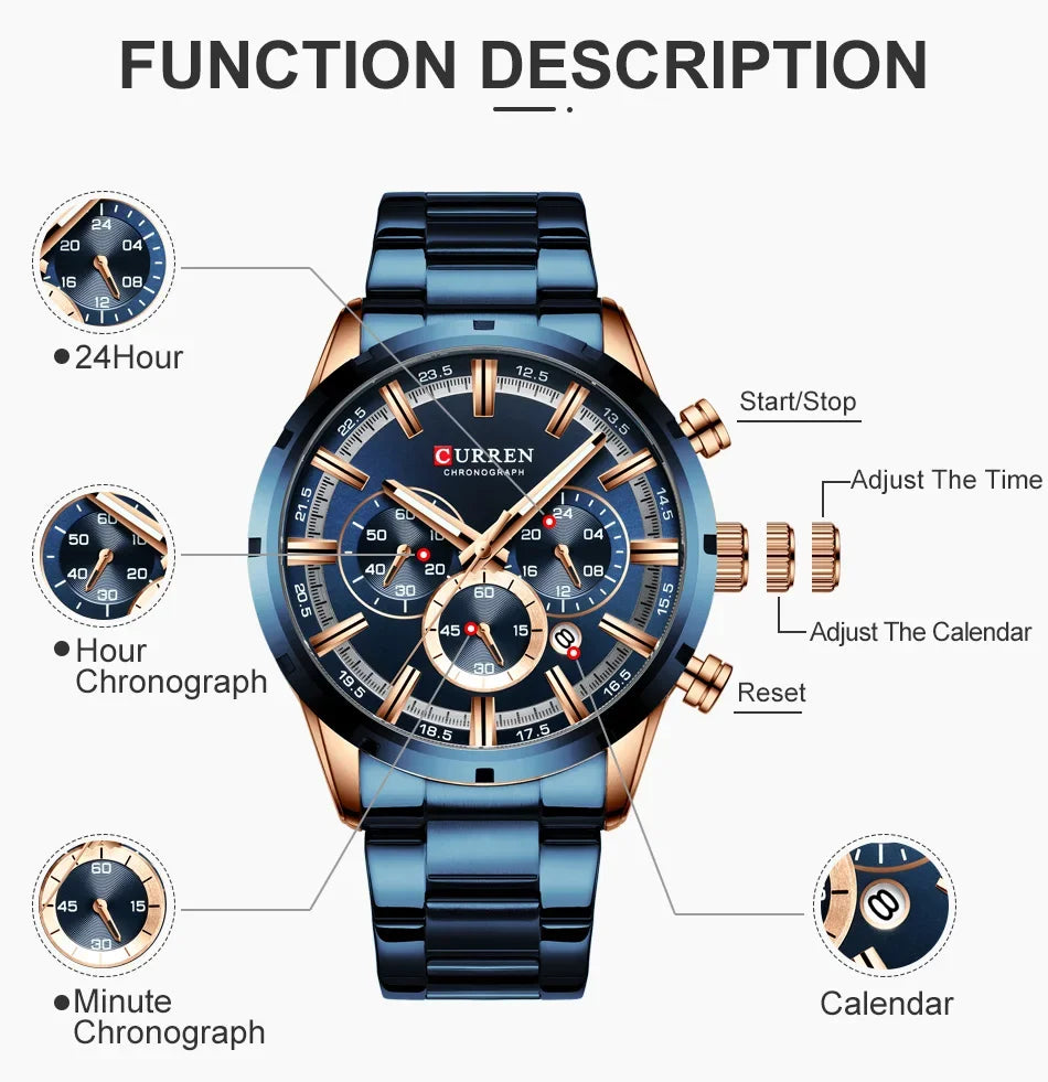 Men's six-needle multifunctional watch Waterproof calendar round strap stainless steel strap date men's business men's watch