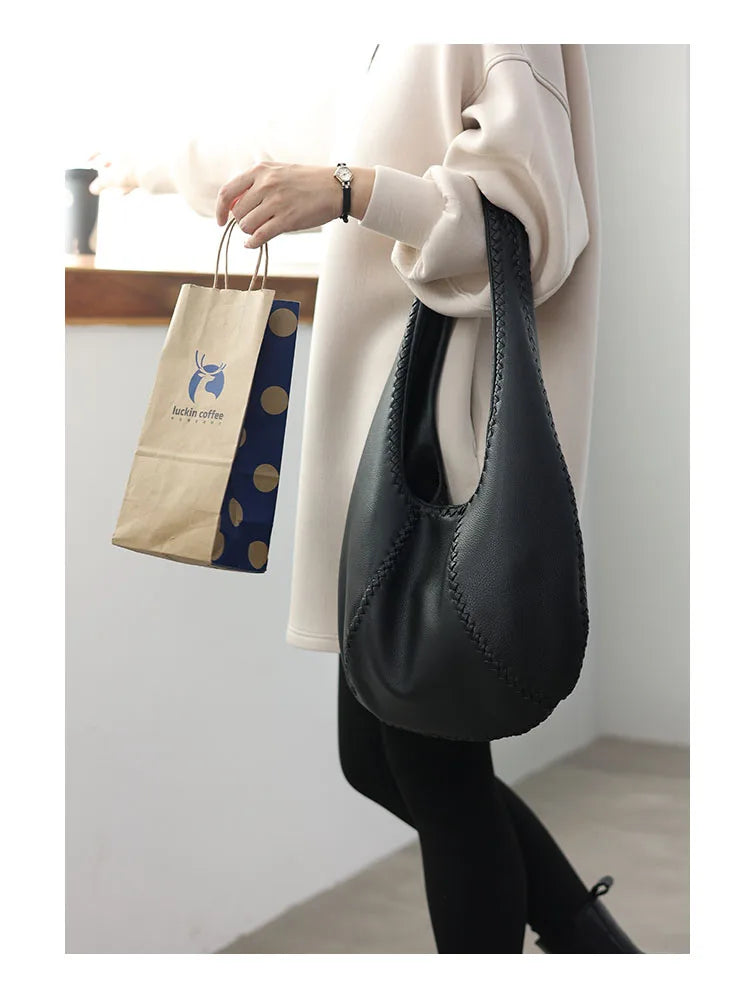 JAZZQ Soft Cowhide Leather Hobo Tote | Hand-Woven Detail