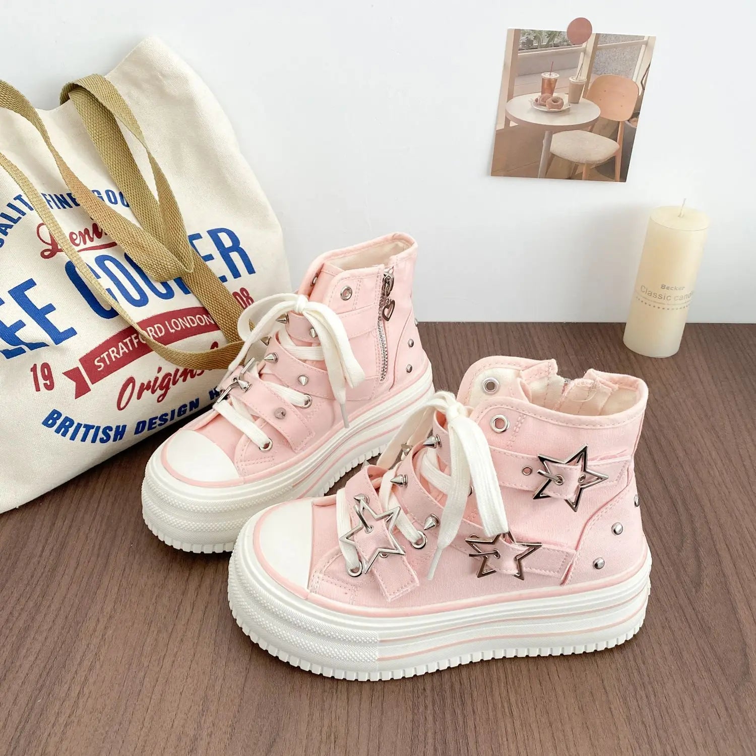 Women's High-Top Canvas Platform Sneakers — Rivet Buckle Lace-Up