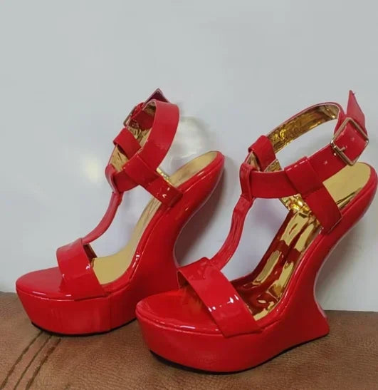 Strange Style Heel Women Novelty Shoes Metallic Leather Fashion High Heels Slingback T-Tied Mixed Color Summer Sandals