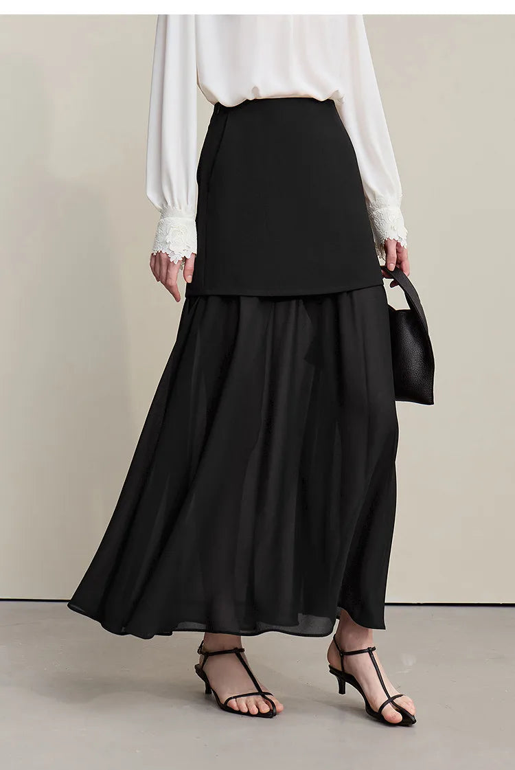 Amii Women's Skirt 2026 Autumn New Elegant Patchwork Chiffon Long Skirt Solid Color Straight Versatile Woman Clothes 12641047