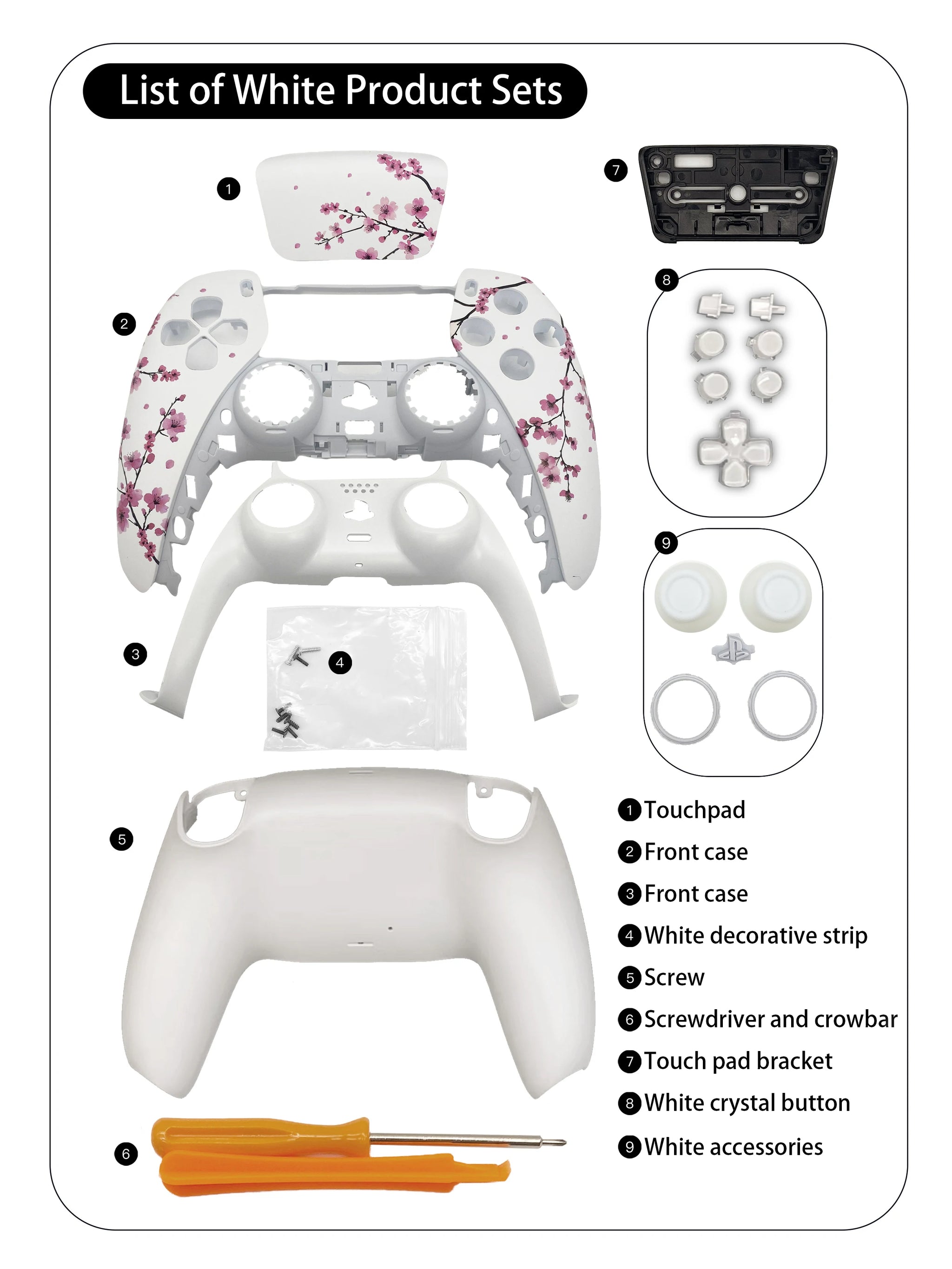 Pink Sakura PS5 Controller Shell Faceplate Cover with Touchpad for DualSense Controller, Replacement for BDM-010/020/030/040/050