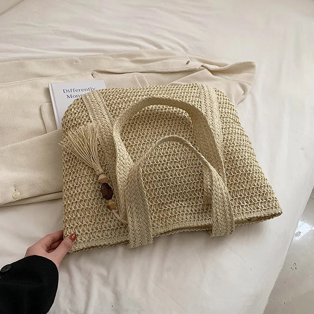 Woven Handbags Ladies Summer Woven Totes Bag with Tassel Women Shoulder Bag Large Capacity Fashion Straw Female Shopper Bag