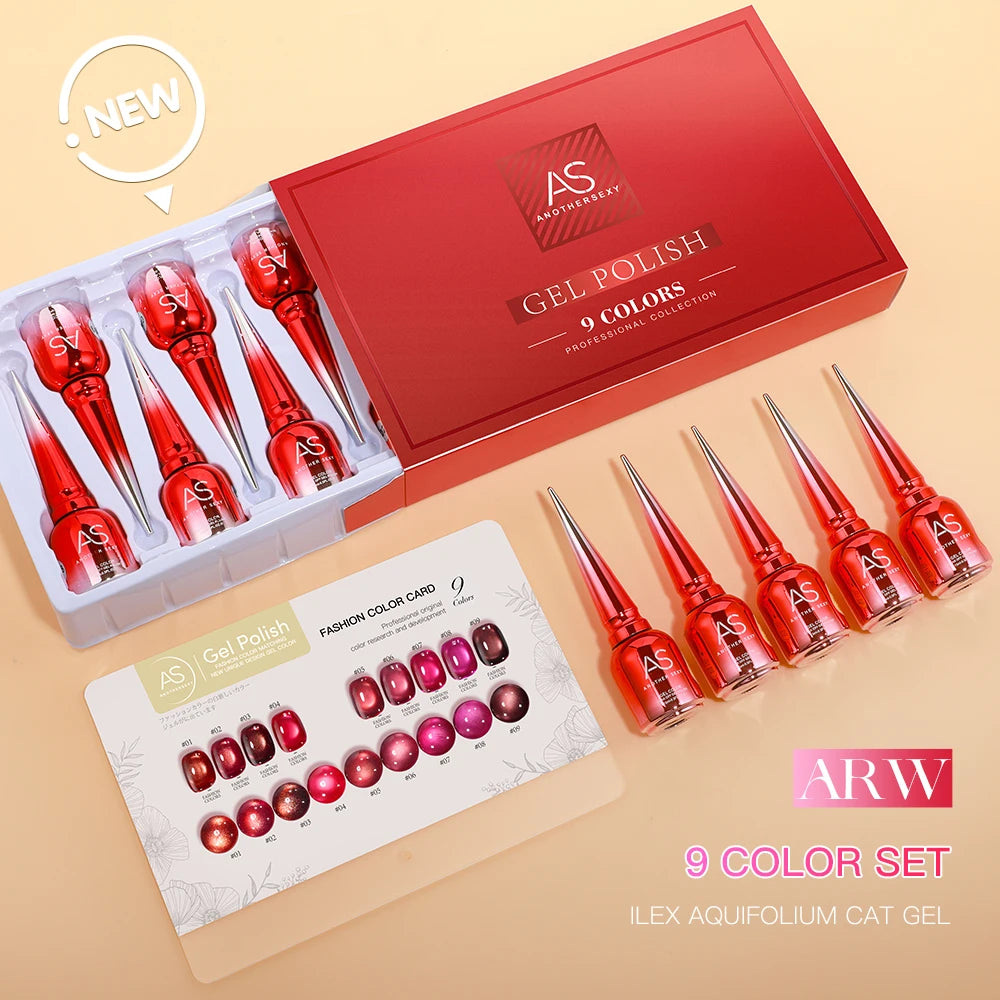 AS 9 Colors Magnetic Cat Eye Gel Nail Polish Set Jelly Pink UV LED Soak Off Gel Varnish Crystal Red Cat Gel Lacquer With Display