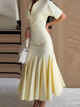 Women Fashion Solid Dress V-neck Ruffles Hem Short Sleeves Waist-cinching Draped Empire Dresses Summer Chic Elegant Summer Gown