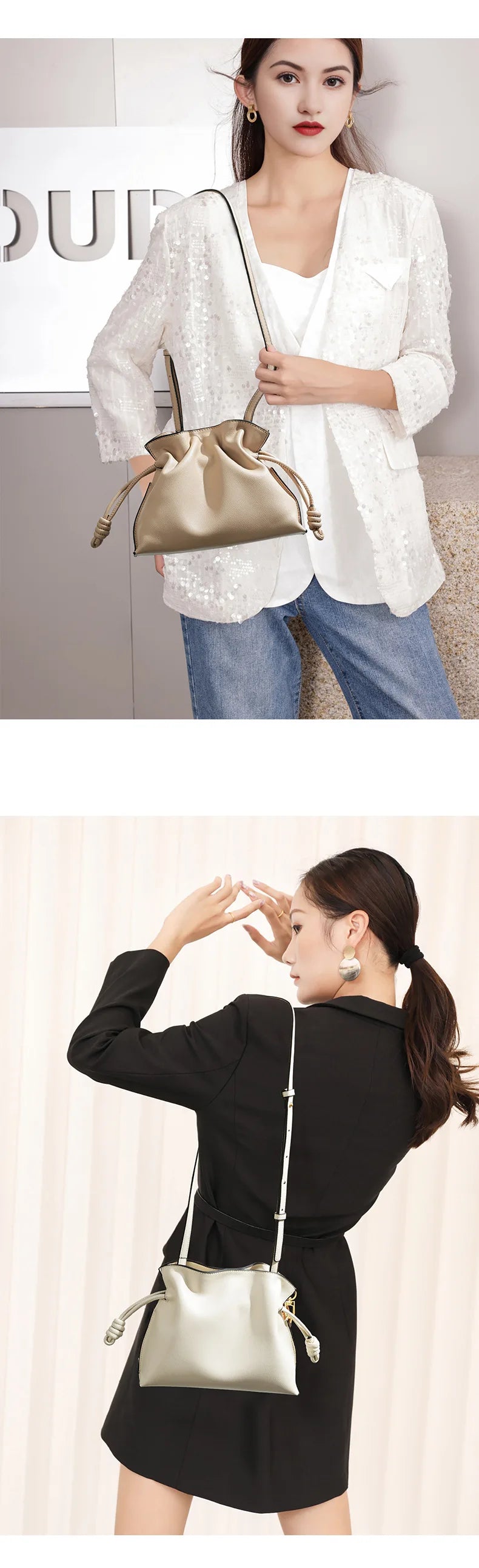 Autumn and Winter Classic Flamenco Fashion Lucky Bag Cloud Bag Genuine Leather Drawstring Shoulder Crossbody Bucket Bag for Wome