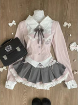 Japanese Sweet Preppy Style Skirt Set Women Kawaii Lace Patchwork Bow Tops + Y2k Plaid Mini Skirt Elegant Outifits 2 Piece Set