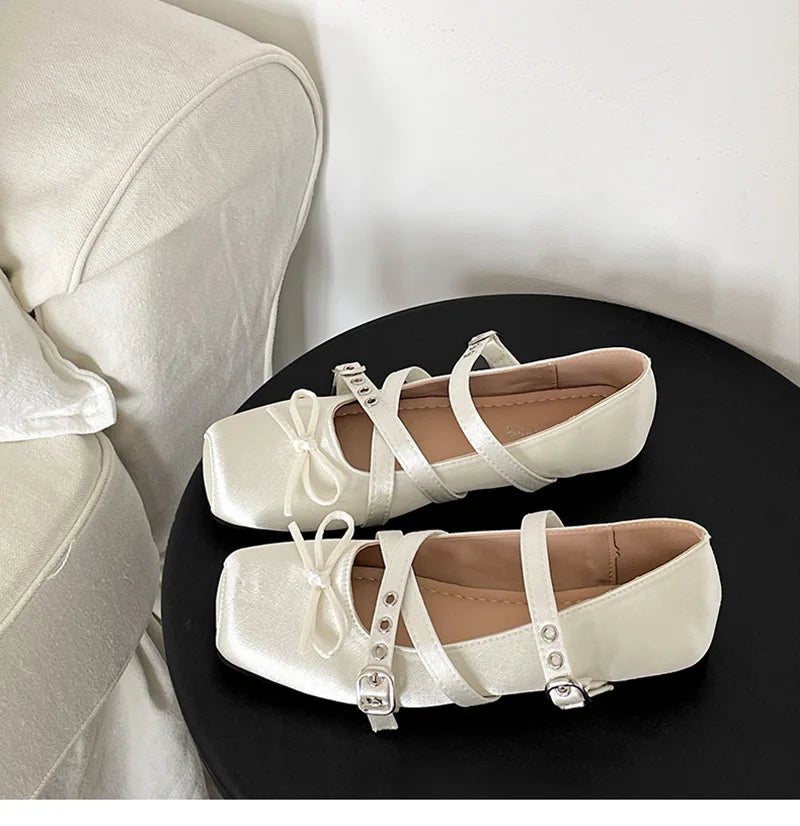 Butterfly Knot Ballet Flats – Elegant Square Toe Women's Flat Shoes