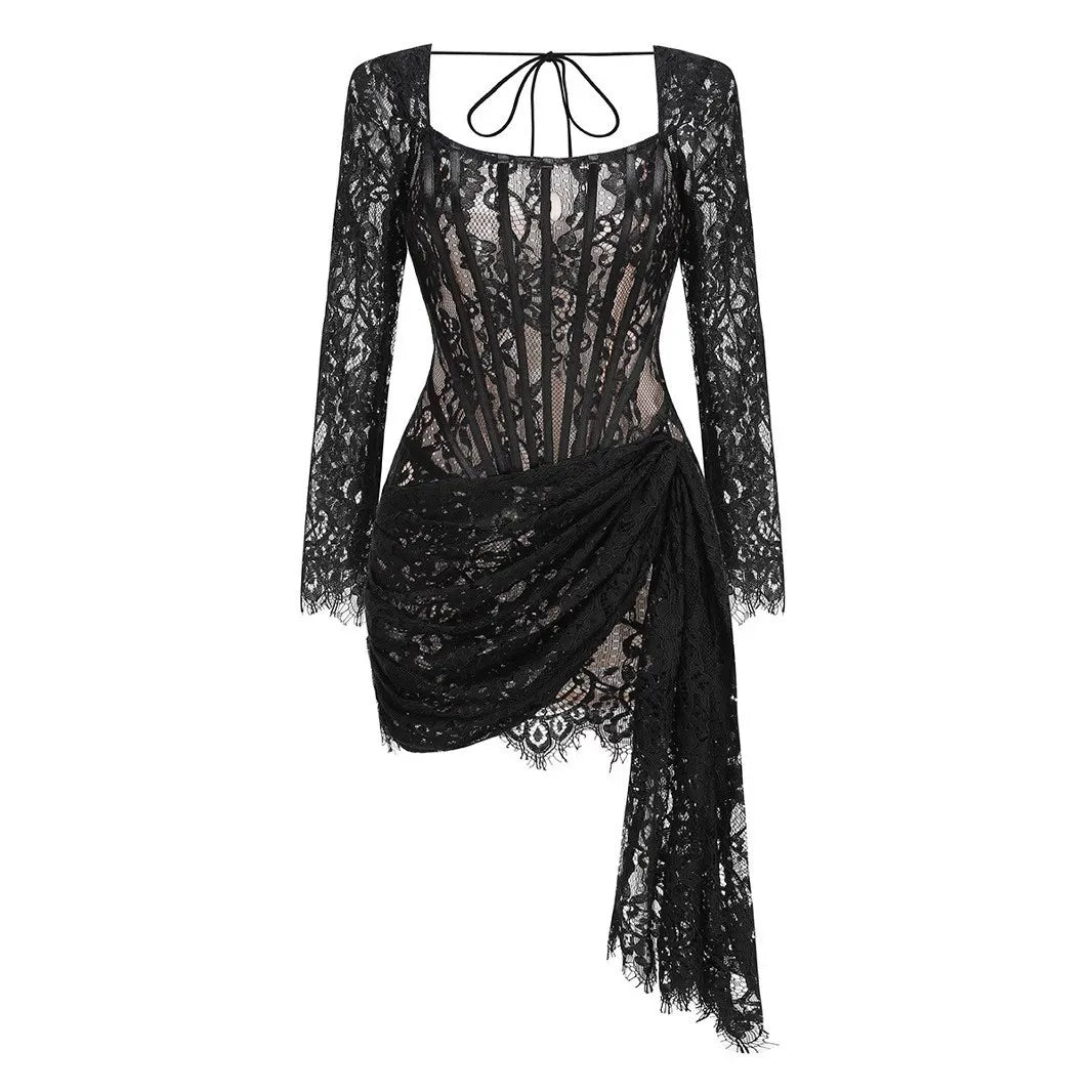 Strapless Lace Mini Dress – Elegant Sheer Patchwork Slim Fit Evening Dress