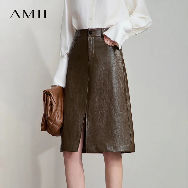 AMII Minimalist PU Leather Skirt for Women