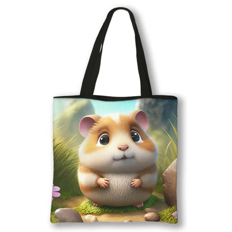 Kawaii Pet Guinea Pig Hamster Print Shoulder Bag Women Casual Handbags Large Capacity Totes Bag Eco Reusable Shopping Bags Gift