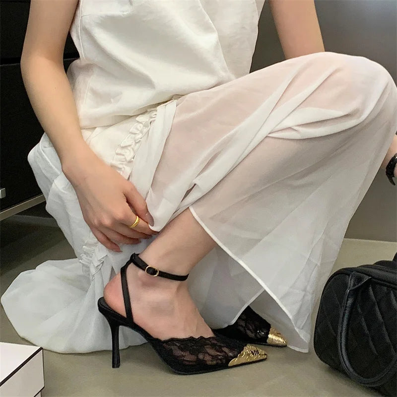 Aneikeh Pointed Toe Slingback Pumps – Floral Lace Heels