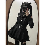 Women‘s Lolita Set Dark Femme Mesh Top & Waist Cinching Skirt, 2025 Autumn Japanese Street Style Coord for Gothic Baddie Fashion
