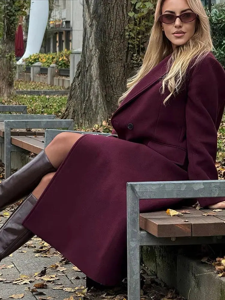 Elegant Burgundy Double-Breasted Long Coat